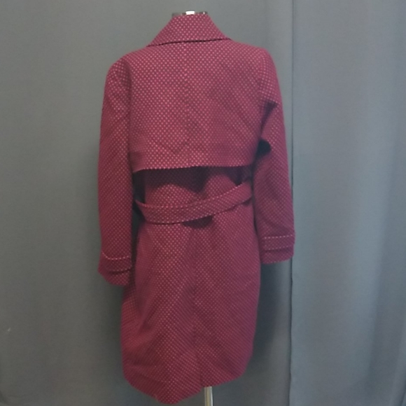 Linda Allard Ellen Tracy 100% Wool Belted Polkadot Burgundy Red Trench Coat 12 - Picture 2 of 11